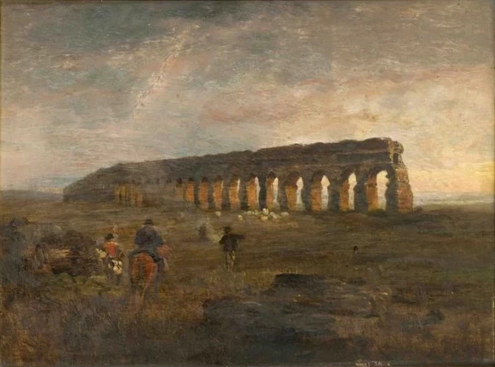 Studio di un paesaggio italiano con le rovine di un acquedotto - attribuito
